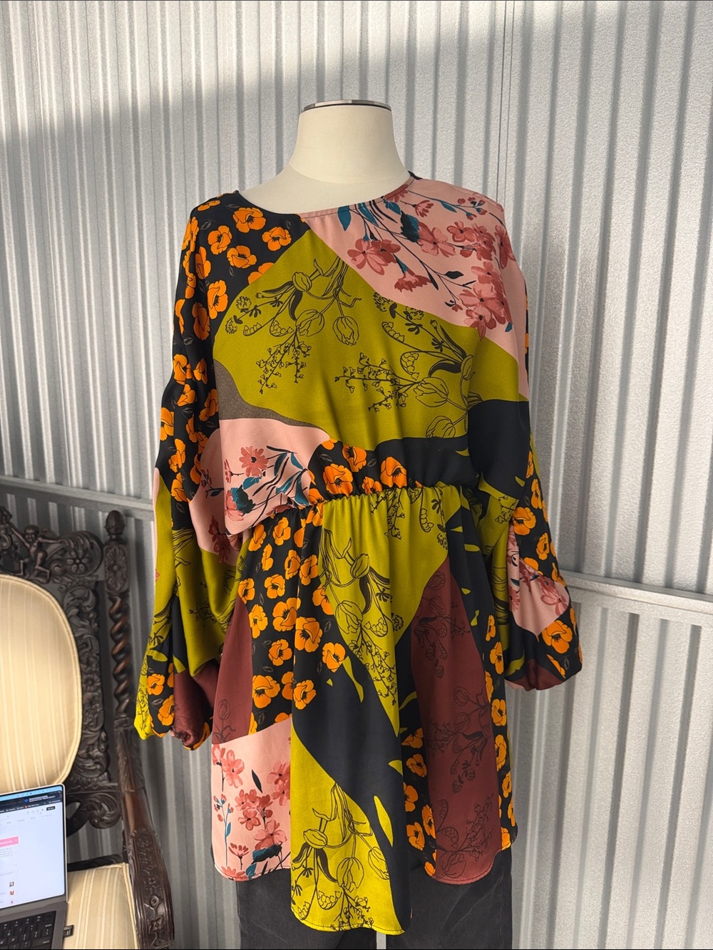 Floral Patchwork Peplum Tunic - Green Multi